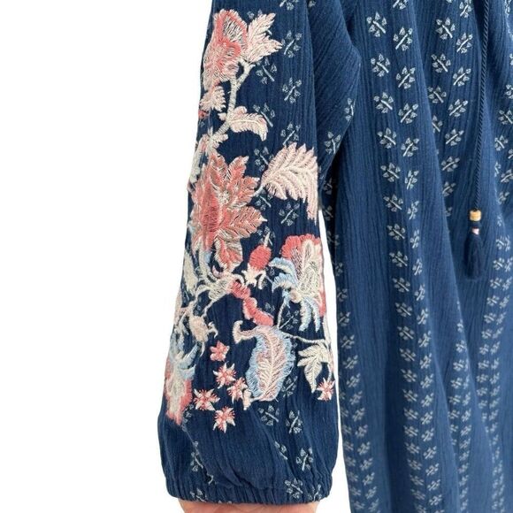 J. Jill Floral Embroidered Peasant Tunic Blue Batik Print Dress Small - Picture 6 of 12